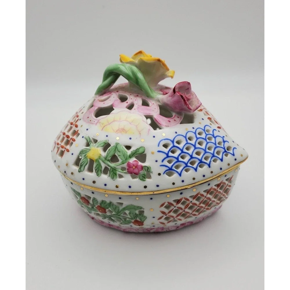 Royal Danube Heart Porcelain Trinket Box Hand Painted Rose Reticulated 1886